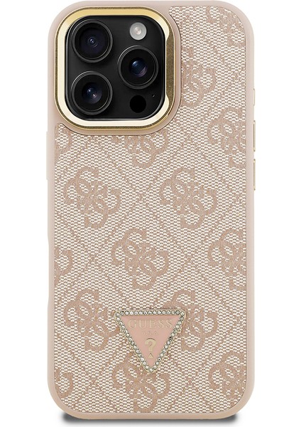 iPhone 16 Pro Uyumlu Kılıf Guess Lisanslı Üçgen Logo 4g Desenli Kamera Standlı Kapak Pembe modelleri