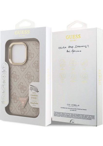 iPhone 16 Pro Uyumlu Kılıf Guess Lisanslı Üçgen Logo 4g Desenli Kamera Standlı Kapak Pembe
