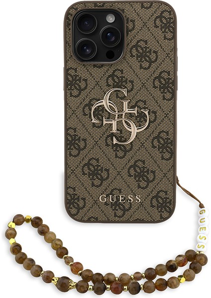 iPhone 13 Pro Max Uyumlu Kılıf Guess Lisanslı Bilek Askı Ipli Metal 4g ve Yazı Logolu Kapak Kahveren