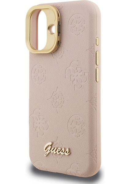 iPhone 16 Uyumlu Kılıf Guess Lisanslı M-Safe Şarj Özellikli Kamera Standlı Pu Deri Peony Kapak Pembe