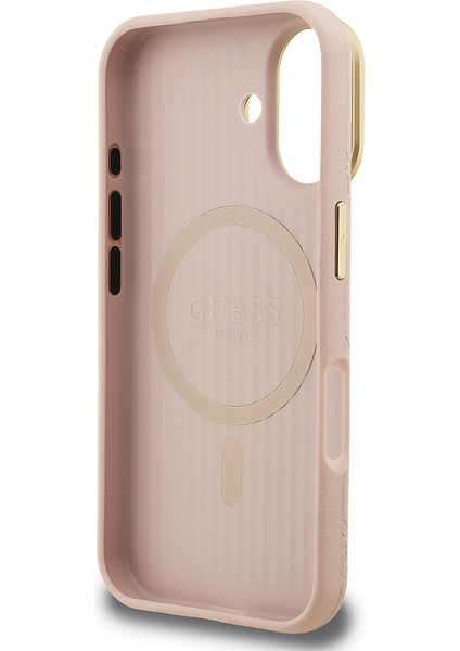 iPhone 16 Uyumlu Kılıf Guess Lisanslı M-Safe Şarj Özellikli Kamera Standlı Pu Deri Peony Kapak Pembe
