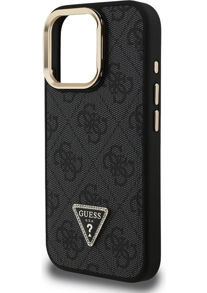 iPhone 16 Pro Uyumlu Kılıf Guess Lisanslı Üçgen Logo 4g Desenli Kamera Standlı Kapak Siyah