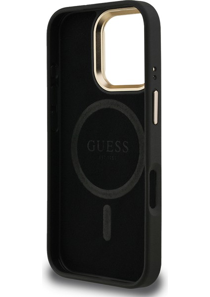 iPhone 16 Pro Uyumlu Kılıf Guess Lisanslı Üçgen Logo 4g Desenli Kamera Standlı Kapak Siyah