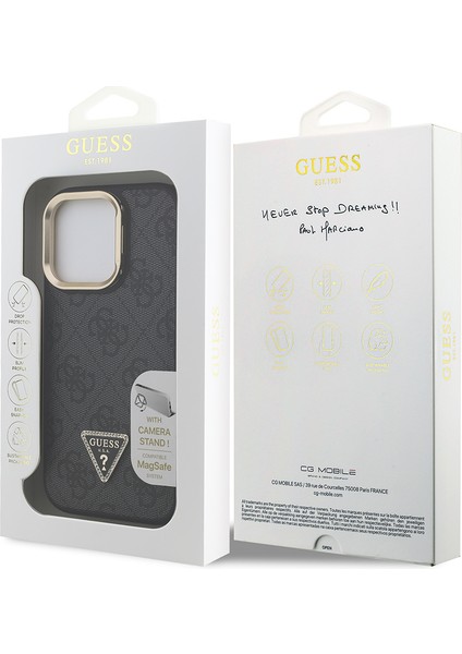 iPhone 16 Pro Uyumlu Kılıf Guess Lisanslı Üçgen Logo 4g Desenli Kamera Standlı Kapak Siyah