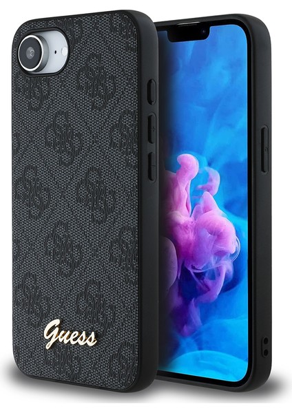 iPhone 16E Uyumlu Kılıf Guess Orjinal Lisanslı 4g Desenli Script Metal Logolu Kapak Siyah