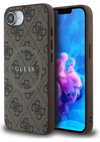 iPhone 16E Uyumlu Kılıf Guess Lisanslı M-Safe Uyumlu Pu Halkalı 4g Desenli Yazı Logolu Kapak Kahve