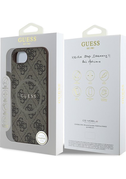 iPhone 16E Uyumlu Kılıf Guess Lisanslı M-Safe Uyumlu Pu Halkalı 4g Desenli Yazı Logolu Kapak Kahve