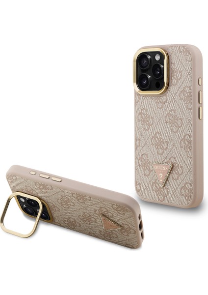 iPhone 16 Pro Max Uyumlu Kılıf Guess Lisanslı Üçgen Logo 4g Desenli Kamera Standlı Kapak Pembe