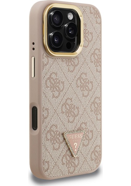 iPhone 16 Pro Max Uyumlu Kılıf Guess Lisanslı Üçgen Logo 4g Desenli Kamera Standlı Kapak Pembe modelleri