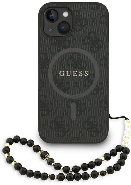 iPhone 14 Uyumlu Kılıf Guess Lisanslı M-Safe Uyumlu Bilek Askı Ipli Yazı Logolu Kapak Siyah