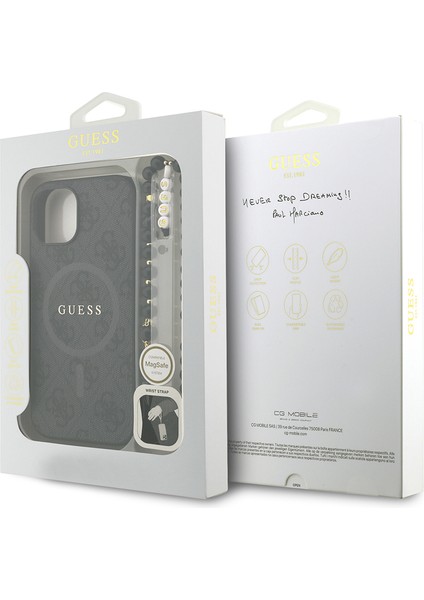 iPhone 14 Uyumlu Kılıf Guess Lisanslı M-Safe Uyumlu Bilek Askı Ipli Yazı Logolu Kapak Siyah