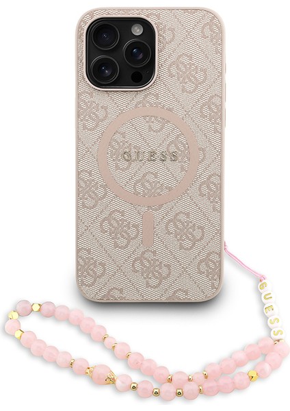 iPhone 14 Pro Max Uyumlu Kılıf Guess Lisanslı M-Safe Uyumlu Bilek Askı Ipli Yazı Logolu Kapak Pembe