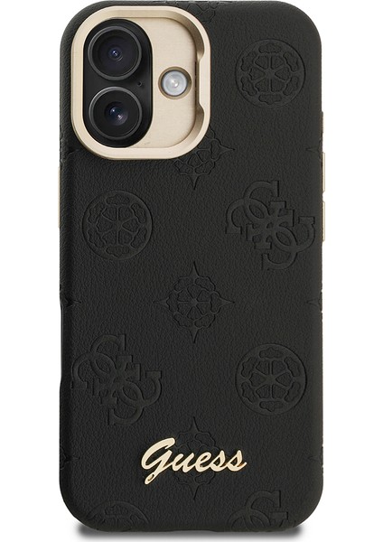 iPhone 16 Uyumlu Kılıf Guess Lisanslı M-Safe Şarj Özellikli Kamera Standlı Pu Deri Peony Kapak Siyah modelleri