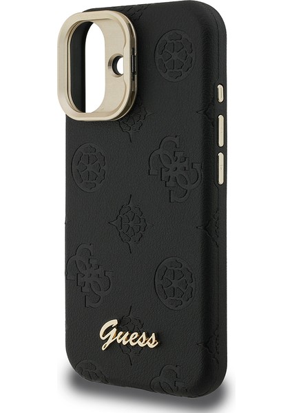 iPhone 16 Uyumlu Kılıf Guess Lisanslı M-Safe Şarj Özellikli Kamera Standlı Pu Deri Peony Kapak Siyah