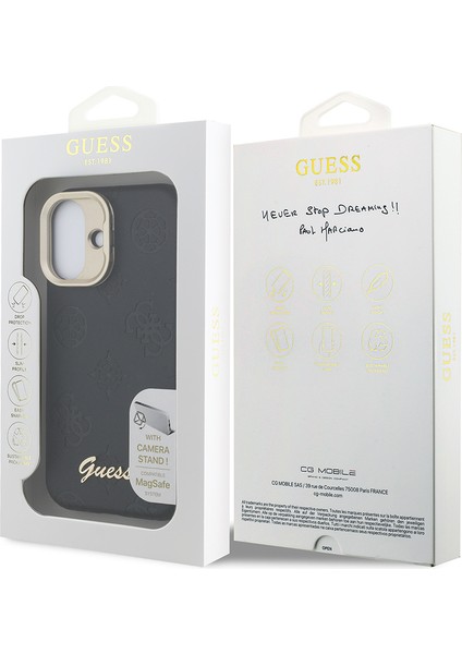 iPhone 16 Uyumlu Kılıf Guess Lisanslı M-Safe Şarj Özellikli Kamera Standlı Pu Deri Peony Kapak Siyah