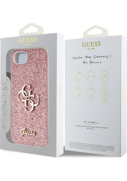 iPhone 16E Uyumlu Kılıf Guess Orjinal Lisanslı 4g Büyük Metal Logolu Glitter Kapak Pembe