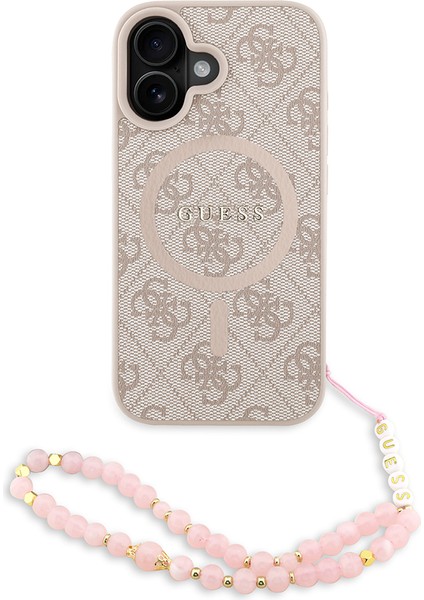 iPhone 16 Uyumlu Kılıf Guess Lisanslı M-Safe Uyumlu Bilek Askı Ipli Yazı Logolu Kapak Pembe