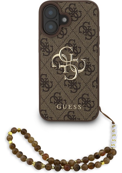 iPhone 16 Uyumlu Kılıf Guess Lisanslı Bilek Askı Ipli Metal 4g ve Yazı Logolu Kapak Kahverengi