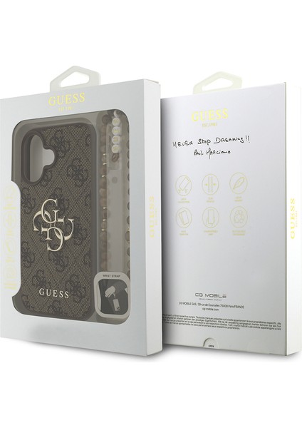 iPhone 16 Uyumlu Kılıf Guess Lisanslı Bilek Askı Ipli Metal 4g ve Yazı Logolu Kapak Kahverengi