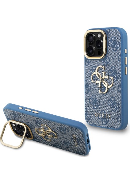 iPhone 16 Pro Uyumlu Kılıf Guess Lisanslı Metal 4g ve Yazı Logolu Kamera Standlı Kapak Mavi