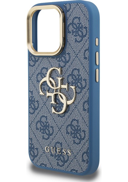 iPhone 16 Pro Uyumlu Kılıf Guess Lisanslı Metal 4g ve Yazı Logolu Kamera Standlı Kapak Mavi