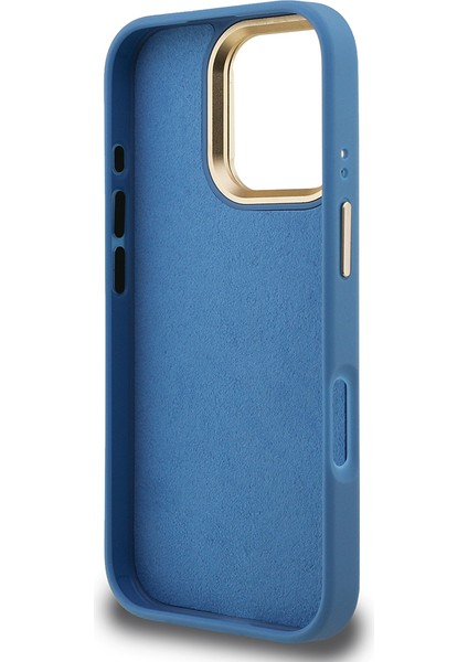 iPhone 16 Pro Uyumlu Kılıf Guess Lisanslı Metal 4g ve Yazı Logolu Kamera Standlı Kapak Mavi