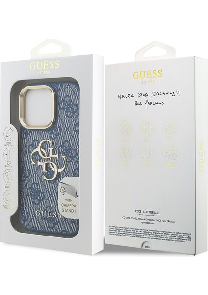 iPhone 16 Pro Uyumlu Kılıf Guess Lisanslı Metal 4g ve Yazı Logolu Kamera Standlı Kapak Mavi