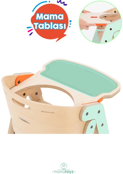 Ahşap Mama Sandalyesi Katalanabilir- All In One Mint Model - Ahşap Ön Tabla ve Silikon Mat - 5 Noktalı Emniyet Kemeri Aksesuarları Dahil - EN14988 Mama Sandalyesi Standardı Testine Sahip