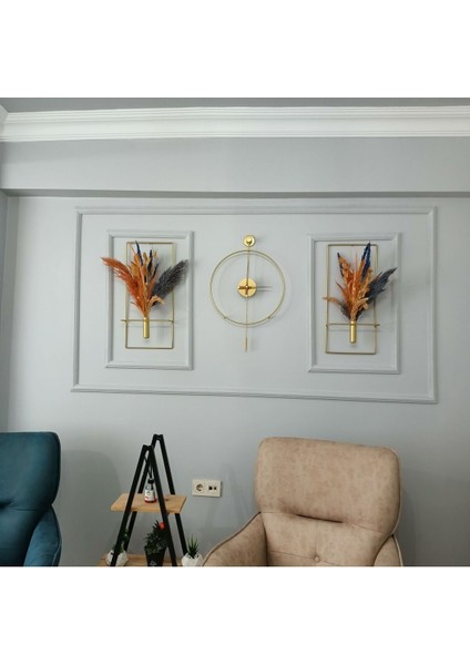 Altın Renkli 3'lü Saat Seti, 37X55CM, Çiçeklik 60CM Yükseklik, Şık ve Modern Tasarım