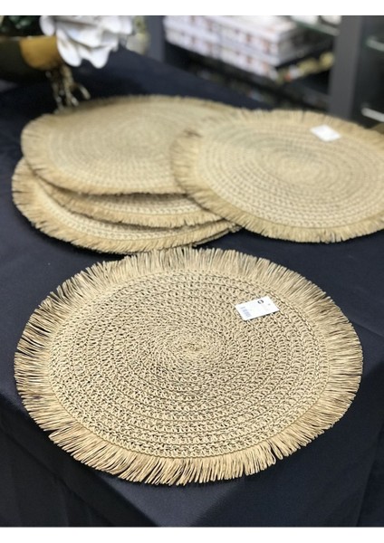6 Adet Yuvarlak Hasır Örgülü Püsküllü Supla, 38 Cm, Kahverengi, Şık ve Dayanıklı Set