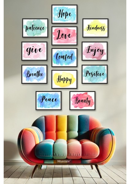 Pozitif Enerji Dolu 12 Parça Renkli Mdf Tablo Setiyle Evinizi Güzelleştirin