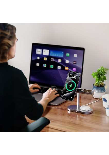 PW319 3in1 Kablosuz Şarj Standı Qi2 Şarj Teknolojili Telefon&akıllı Saat&kulaklık 15W Gri