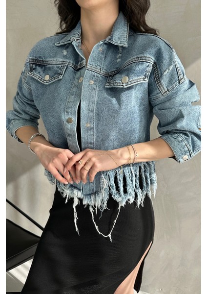 Püskül Detaylı Denim Crop Ceket