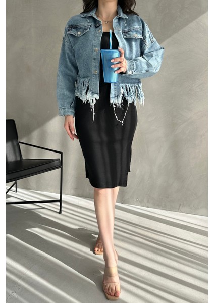 Püskül Detaylı Denim Crop Ceket modelleri