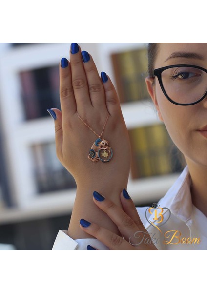 Özel tasarım Kedi Kolye, Renkli Taşlı Akvaryumda Balık Yakalayan Kedi Gümüş Kolye, Rose Gold Kaplama