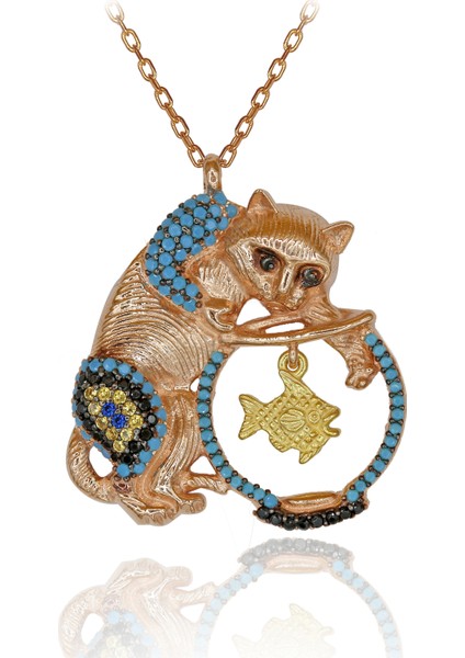 Özel tasarım Kedi Kolye, Renkli Taşlı Akvaryumda Balık Yakalayan Kedi Gümüş Kolye, Rose Gold Kaplama