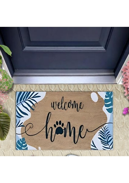 Dijital Baskı Kahverengi Mavi Yapraklı Welcome Home Dekoratif Kapı Paspası K-2007