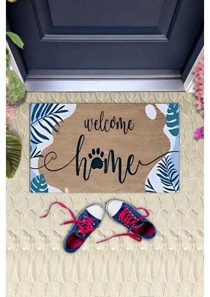 Dijital Baskı Kahverengi Mavi Yapraklı Welcome Home Dekoratif Kapı Paspası K-2007 fiyatları