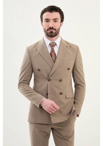 Düz Slim Fit Geniş Yaka Kruvaze Erkek Takım Elbise 45389