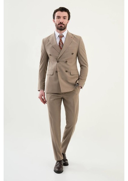 Düz Slim Fit Geniş Yaka Kruvaze Erkek Takım Elbise 45389 modelleri