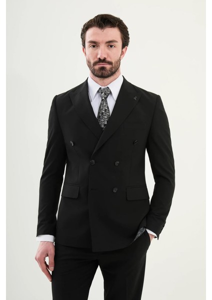 Düz Slim Fit Geniş Yaka Kruvaze Erkek Takım Elbise 45389 indirimleri