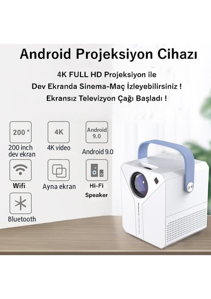 E300 Projektör | Android Tv Android Kurulu Full Hd Projeksiyon Cihazı Wi-Fi ve Bluetooth Destekli | Sinema Keyfi