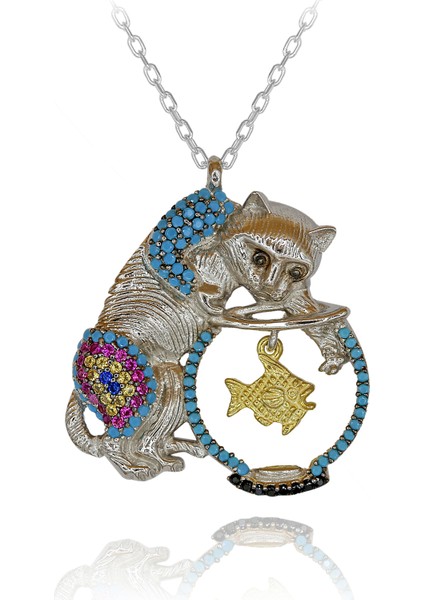 Şirin Kedi Kolye, Sevgiliye Hediye, Renkli Taşlı Akvaryumda Balık Yakalayan Kedi Gümüş Kolye