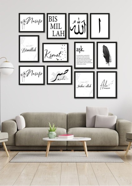 12LI Renkli Çerçeveli Nasip Kısmet Duvar Dekoru Seti, Salon ve Yatak Odası Için