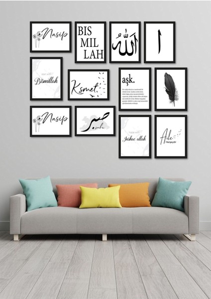 12LI Renkli Çerçeveli Nasip Kısmet Duvar Dekoru Seti, Salon ve Yatak Odası Için modelleri