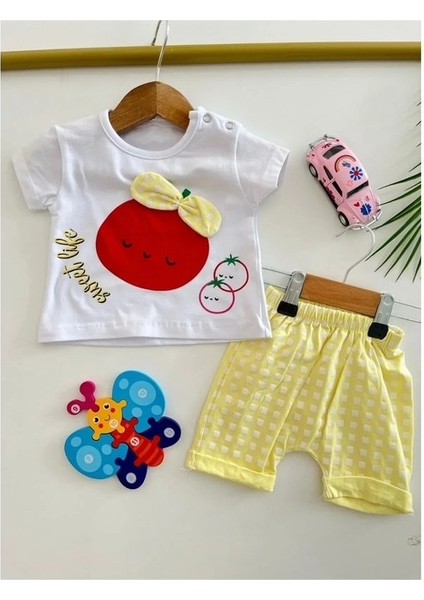 Domates Desenli Sarı Kız Çocuk Alt-Üst Takım %100 Pamuk