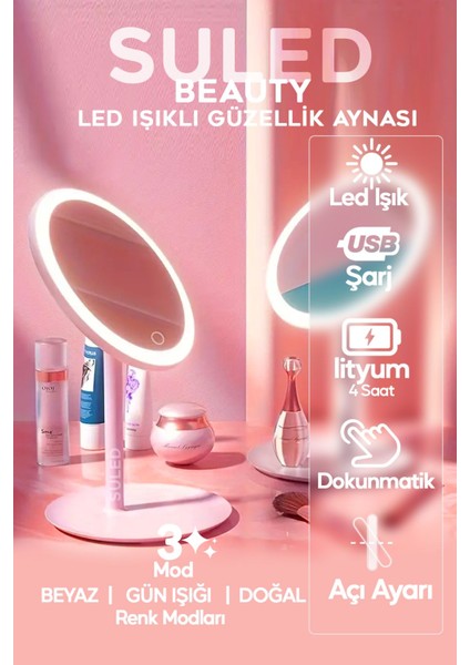 3 Modlu LED Işıklı Taşınabilir Ayna, USB Şarjlı, Açı Ayarlı, Yuvarlak, Güzellik