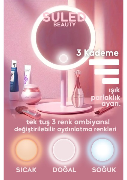 3 Modlu LED Işıklı Taşınabilir Ayna, USB Şarjlı, Açı Ayarlı, Yuvarlak, Güzellik fiyatları