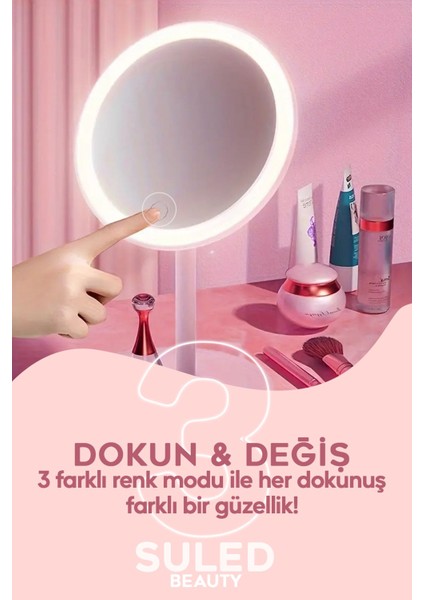 3 Modlu LED Işıklı Taşınabilir Ayna, USB Şarjlı, Açı Ayarlı, Yuvarlak, Güzellik modelleri