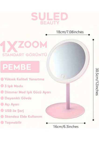 3 Modlu LED Işıklı Taşınabilir Ayna, USB Şarjlı, Açı Ayarlı, Yuvarlak, Güzellik fırsatları